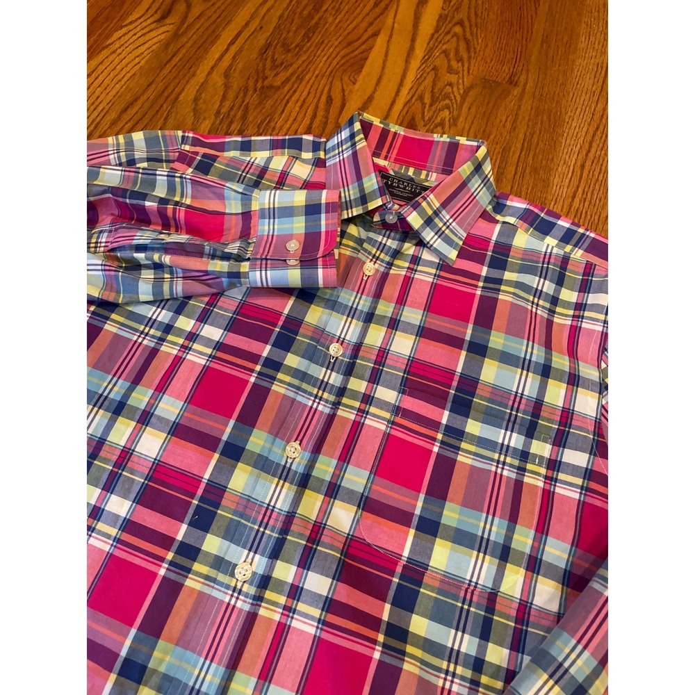 Charles Tyrwhitt Mens Button Down Shirt M Pink Plaid Poplin Slim Fit Long Sleeve